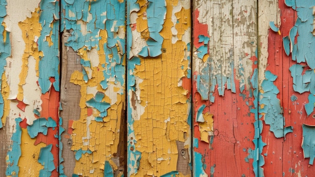 Peeling Paint Texture on Old Wooden Boards The rustic texture of peeling paint on old wooden boards in a myriad of colors illustrating the passage of time and the beauty in decay