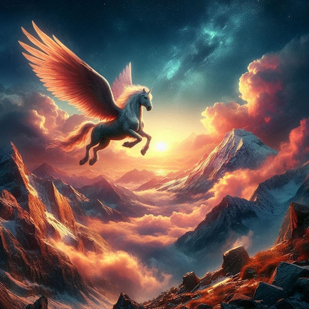 a pegasus flying over a mountain with a sunset in the background