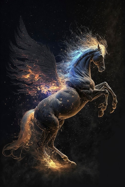 Pegasus in the galaxy with golden light particles and swirling fire, creative ai