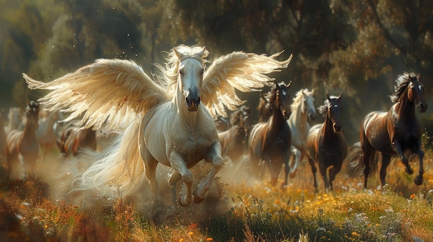 Pegasus horse with wings running with other horses