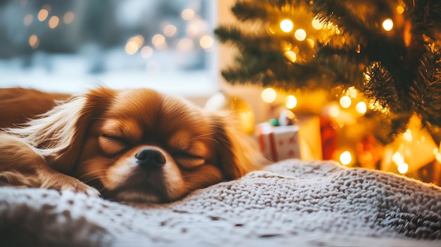 A Pekingese dog rests peacefully beside a beautifully decorated Christmas tree at home