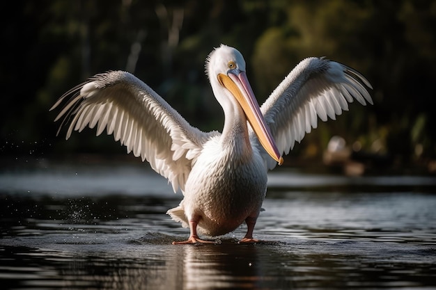 Pelican Bird Spreading Its Wings By The Water Generative AI