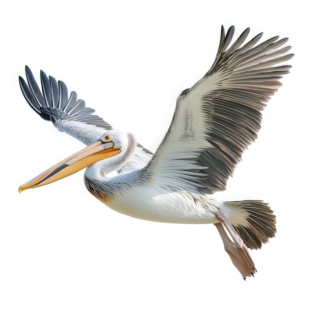 A pelican is flying in the sky with its beak open