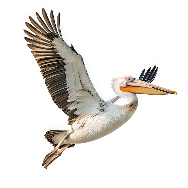 A pelican is flying in the sky with its beak open