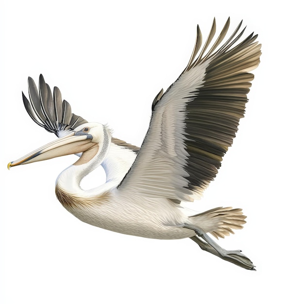 A pelican is flying in the sky with its wings spread wide