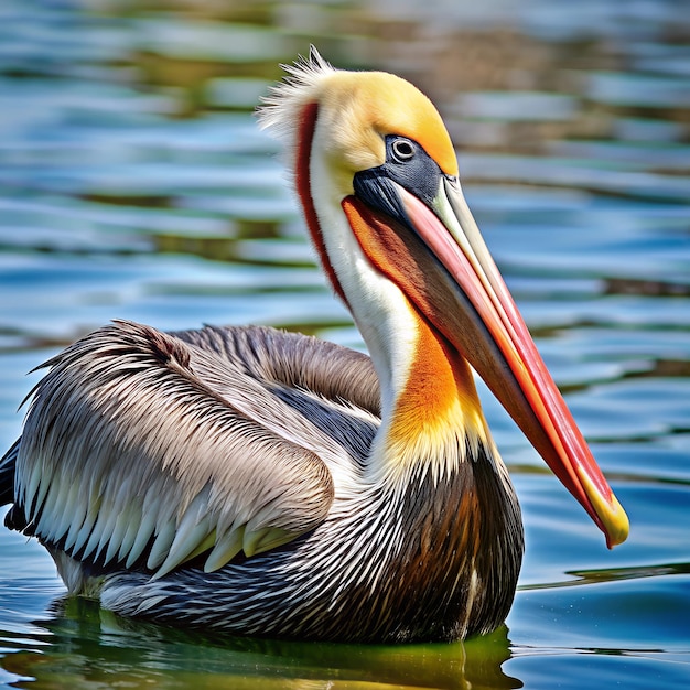 a pelican is swimming in a lake with its beak open