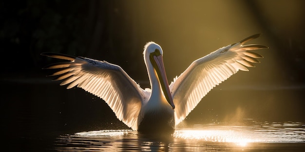 A pelican is swimming in the water with its wings spread out.