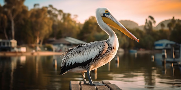 Pelican perched in front of a beautiful background