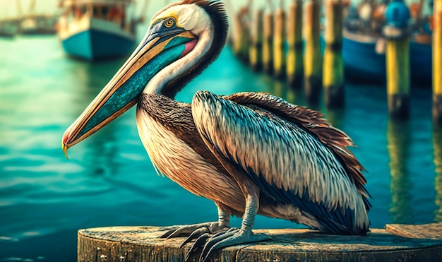 A pelican perched on a pier watching fishermen bring in their catch