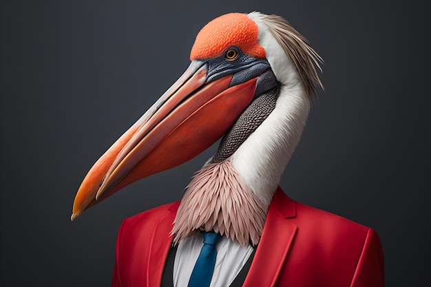 Pelican in a Red Suit Against a Simple Plain Background Stock Image of Animal in Business Suit