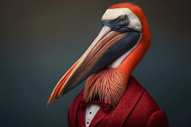 Pelican in a Red Suit Against a Simple Plain Background Stock Image of Animal in Business Suit