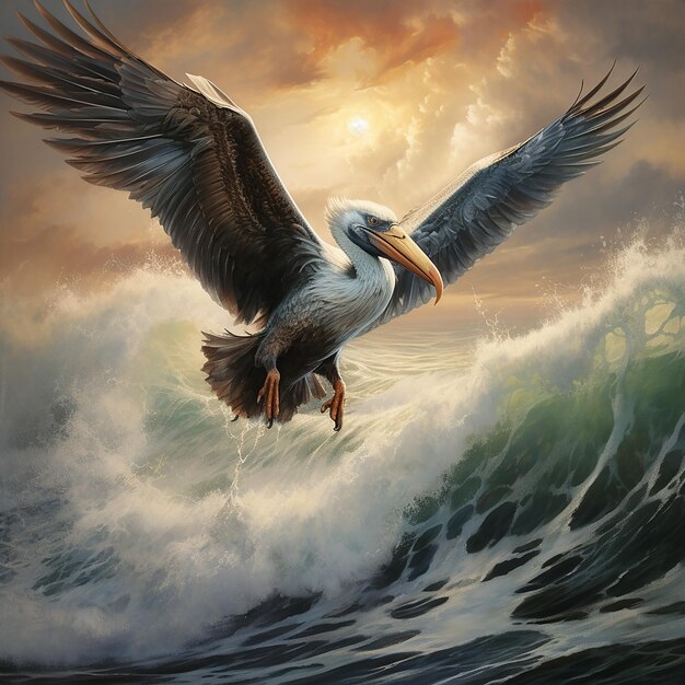 A pelican rising above the rough waves for protection from the storm