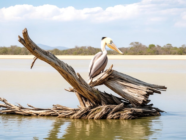 A pelican sitting on dry driftwood in the middle of a lake AI_Generated