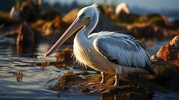 a pelican standing on a rock in the water nature background