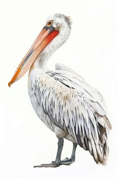 A pelican standing on a white surface possibly a beach or a table