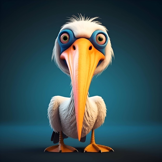 Pelican with big eyes on blue background 3d illustration