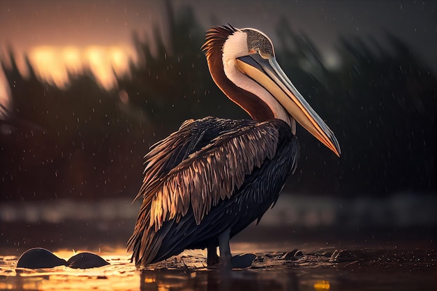 A pelican with a brown head and brown feathers stands in a lake with a sunset in the background