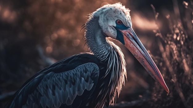 A pelican with a long beak stands in the sunlight.