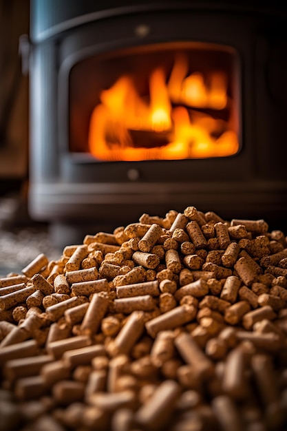 Photo pellets in front of a fireplace