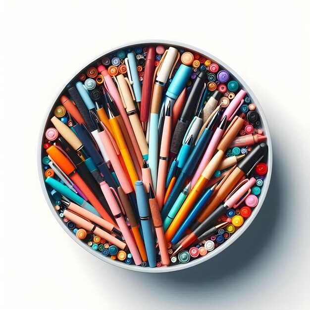 Photo pen container mixed color and magic pens on white background top view