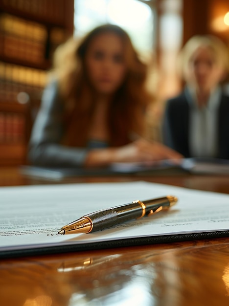 Photo pen on document in library setting a pen rests on a document with two people out of focus in the background