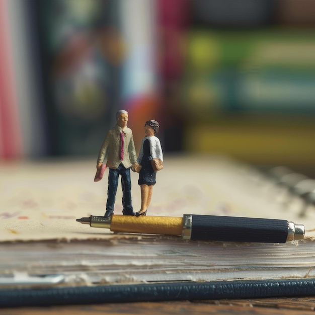 a pen and a figurine are on a desk