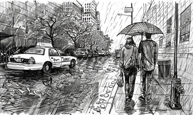 Photo pen and ink drawing illustration of rainy city