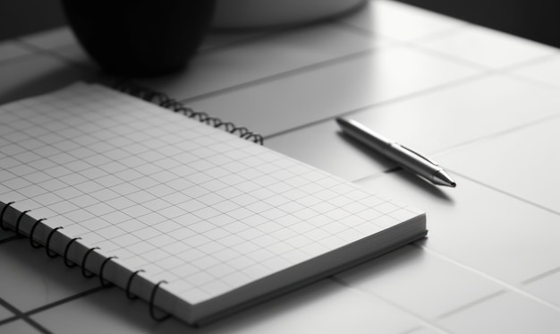 A pen is on a notebook next to a pen on a table.