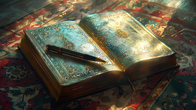 pen lying diagonally across an open Islamic book with soft lighting illuminating the intricate details of both objects creating a serene and contemplative atmosphere