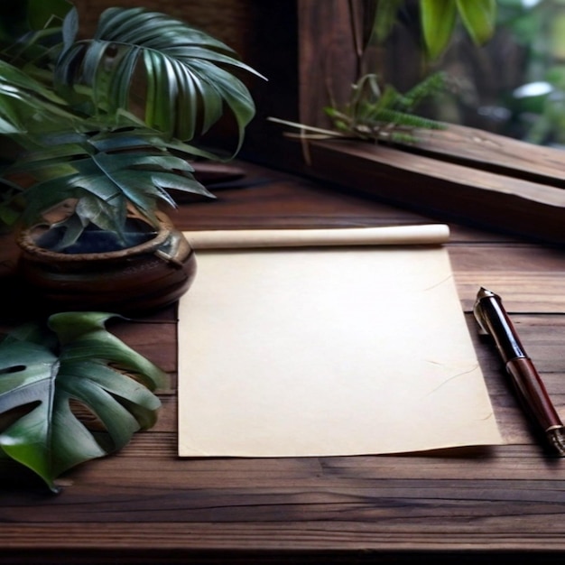 a pen and a pen are on a table with a window behind them