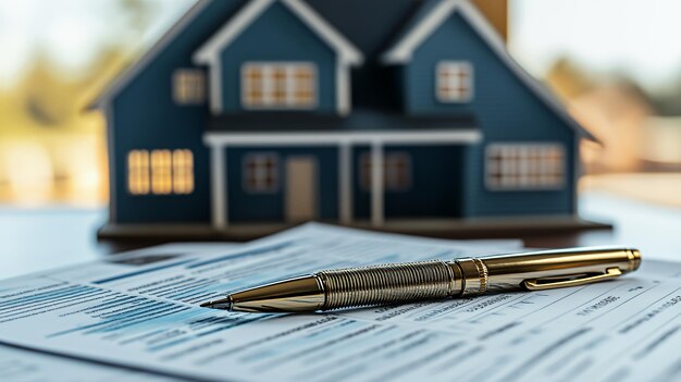 Photo a pen rests on a contract with a model home in the background symbolizing the start of a new chapter