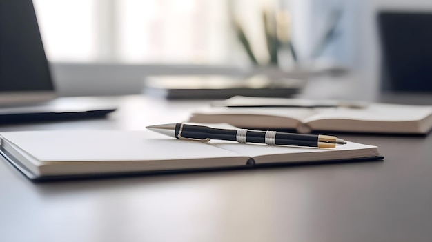 A pen sits on a desk next to a notebook.