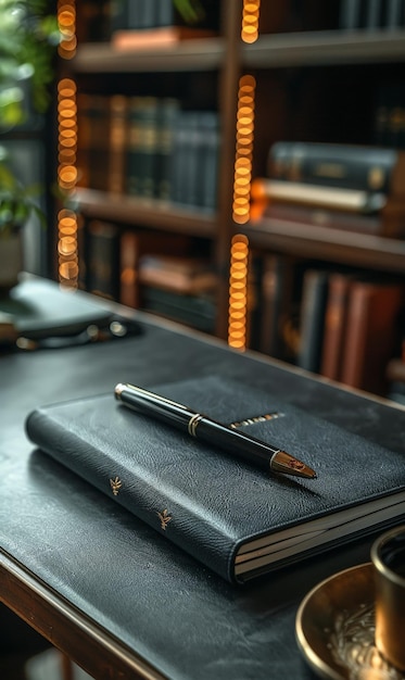 Photo a pen sits on a table with a book on the table