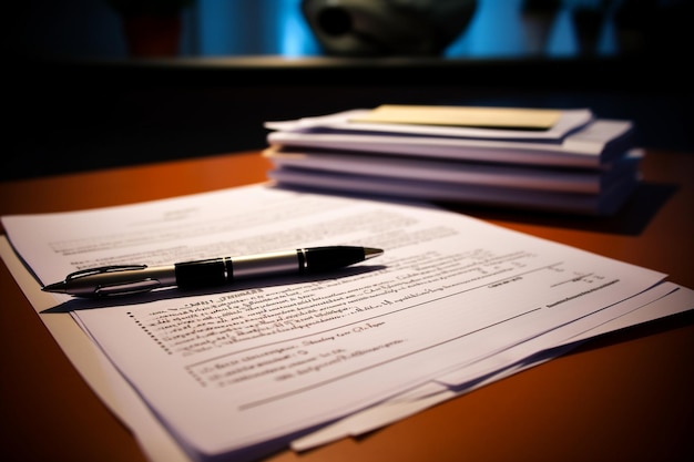 Photo a pen sits on top of a stack of papers with a pen on top of it