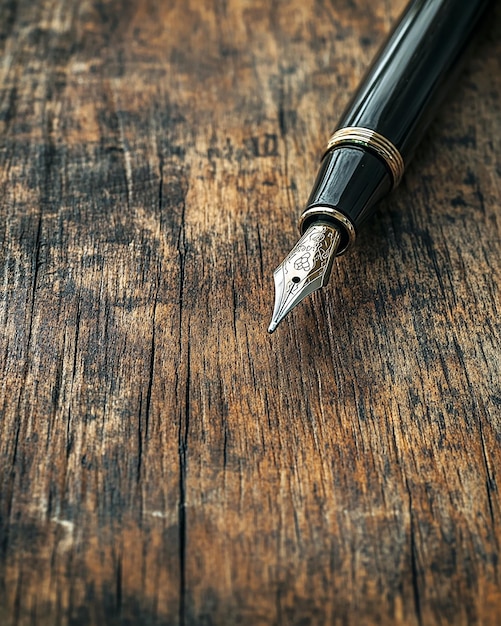 Photo a pen sits on a wooden table with the words  handwritten on it