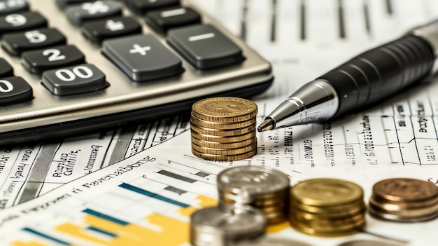 a pen and some coins on top of a calculator