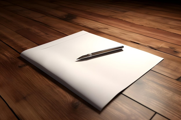 A pen on a white envelope on a wooden table