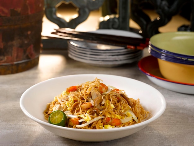 Penang Fried Mee Suah served in a dish isolated on table side view