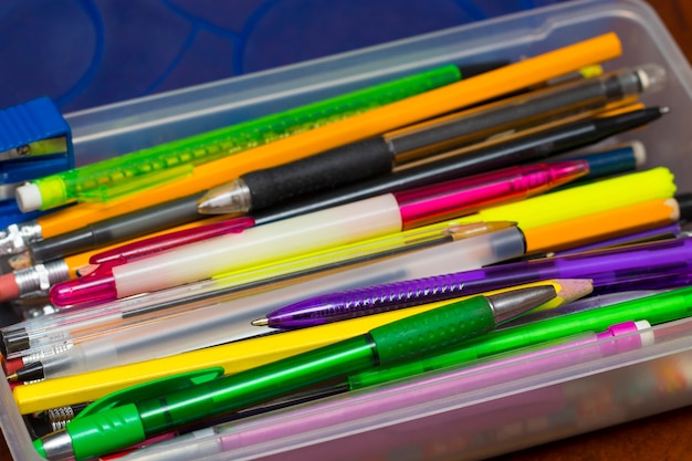 Pencil Box with pens, pencils, felt tip marker pens, , office and back to school education projects.