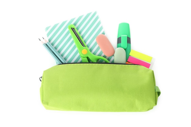 Pencil case with stationary isolated on white background