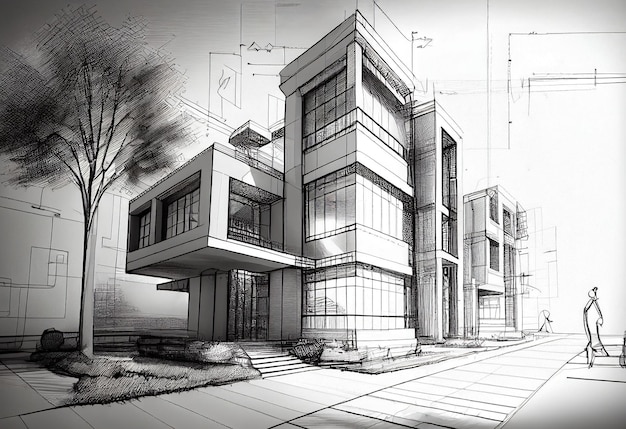 Pencil concept sketch drawing of a modern building made with generative AI