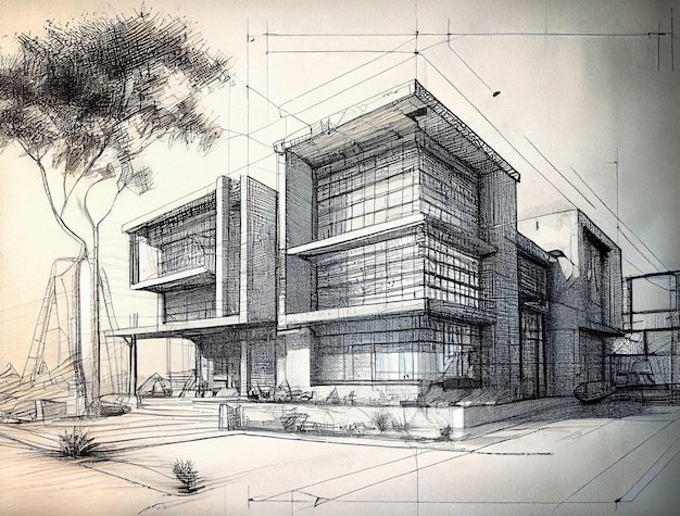 Pencil concept sketch drawing of a modern building made with generative AI