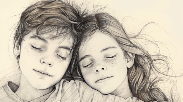 A pencil drawing of a boy and a girl sleeping next to each other