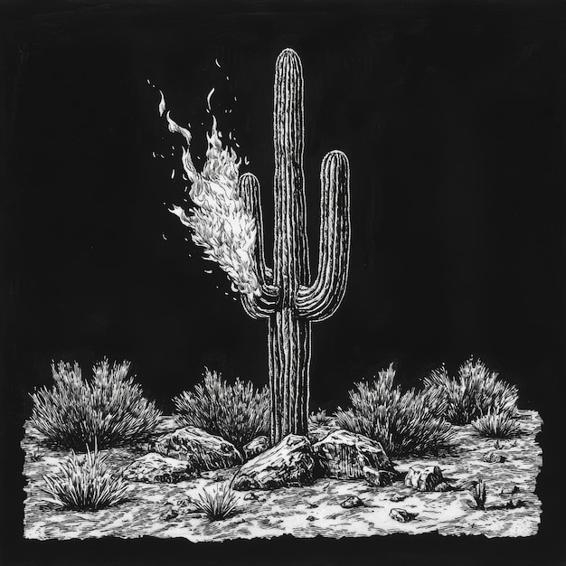 Pencil drawing of a cactus in the desert Hand drawn illustration