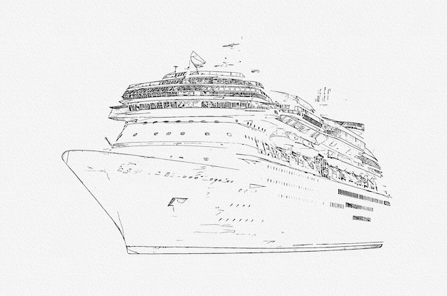 Pencil drawing of cruise ship isolated on white background modern ocean liner