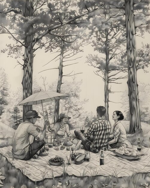 A Pencil Drawing Of Friends Having Picnic Wallpaper