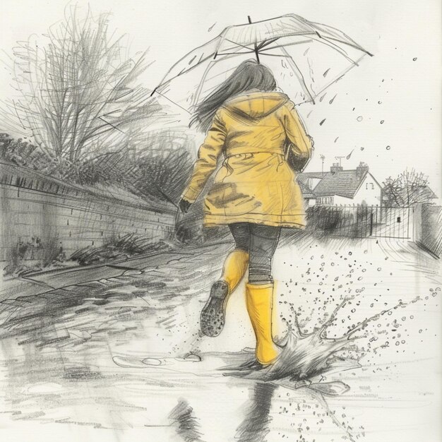 Photo pencil drawing of a girl in yellow boots jumping into a puddle with a transparent umbrella