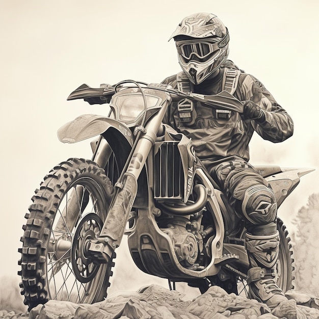 Pencil drawing gray scale of a motocross rider moto cross riding