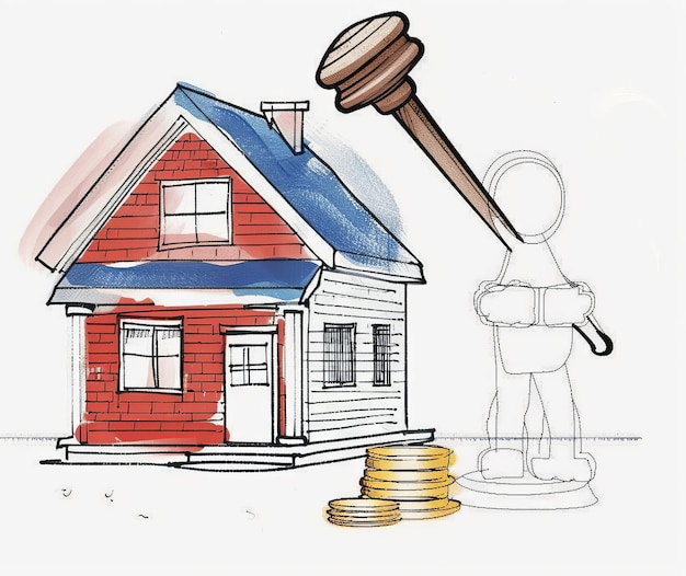 A pencil drawing of an icon showing the front Man selling a house 3D Morph Man with house and gavel