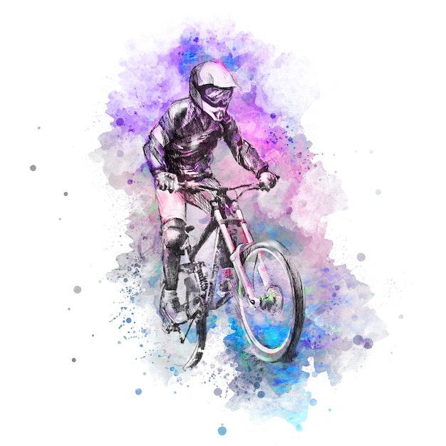 Pencil drawing illustration of a cyclist on a downhill bike  on multicolored background